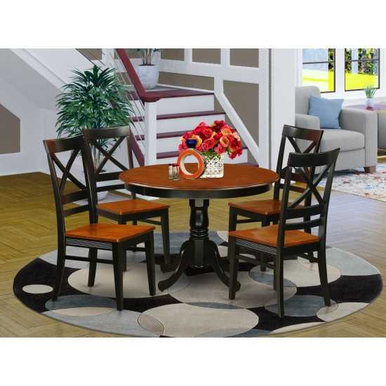 5 Pc Set, Round Dinette Table And 4 Leather Dinette Chairs In Black And Cherry