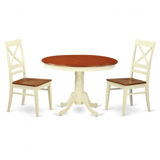 3 Pc Set, Round Small Table, 2 Leather Kitchen Chairs In Buttermilk, Cherry .