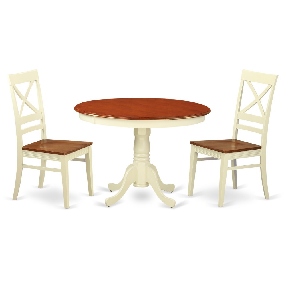 3 Pc Set, Round Small Table, 2 Leather Kitchen Chairs In Buttermilk, Cherry .