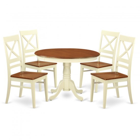 5 Pc Set, Round Table And 4 Leather Kitchen Chairs In Buttermilk And Cherry