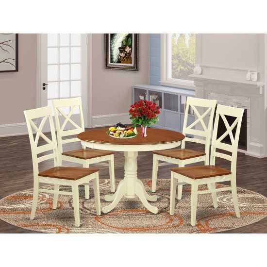 5 Pc Set, Round Table And 4 Leather Kitchen Chairs In Buttermilk And Cherry