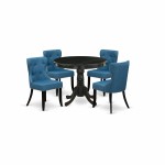 A Dining Set Of 4 Wonderful Parson Chairs, Mineral Blue Color, Beautiful 36" Round Table, Wire Brushed Black