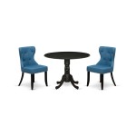 A Dining Set Of 2 Parson Chairs Using Mineral Blue Color, Gorgeous Midcentury Table, Wire Brushed Black