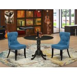 A Dining Set Of 2 Parson Chairs Using Mineral Blue Color, Gorgeous Midcentury Table, Wire Brushed Black