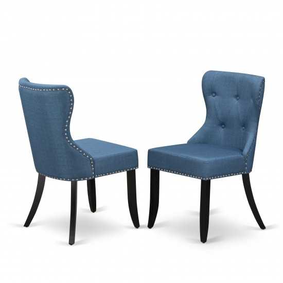 A Dining Set Of 2 Parson Chairs Using Mineral Blue Color, Gorgeous Midcentury Table, Wire Brushed Black