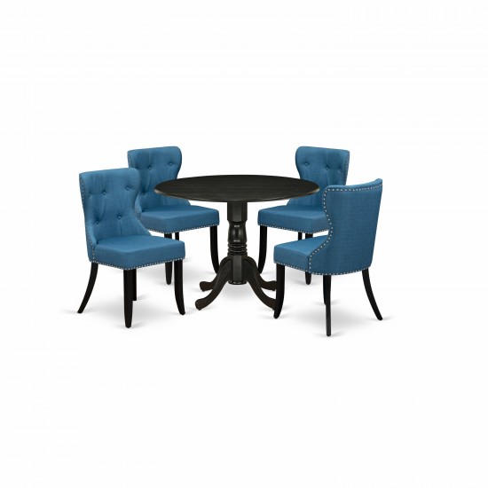 A Dining Set Of 4 Kitchen Chairs Using Mineral Blue Color, Wood Pedestal Kitchen Table Using Wire Brushed Black