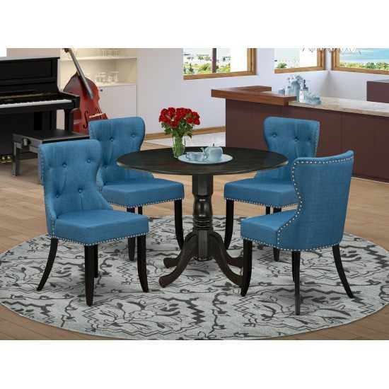 A Dining Set Of 4 Kitchen Chairs Using Mineral Blue Color, Wood Pedestal Kitchen Table Using Wire Brushed Black