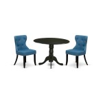 A Dining Set Of Two Amazing Indoor Chairs, Mineral Blue Color, Wood Pedestal Table Using Black Color