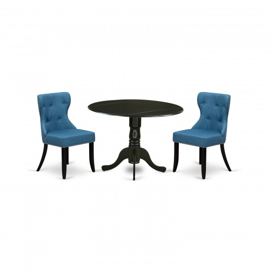 A Dining Set Of Two Amazing Indoor Chairs, Mineral Blue Color, Wood Pedestal Table Using Black Color