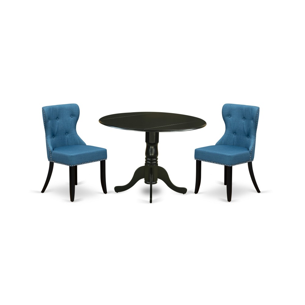 A Dining Set Of Two Amazing Indoor Chairs, Mineral Blue Color, Wood Pedestal Table Using Black Color