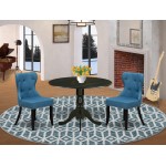 A Dining Set Of Two Amazing Indoor Chairs, Mineral Blue Color, Wood Pedestal Table Using Black Color