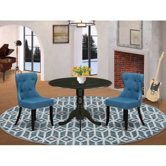 A Dining Set Of Two Amazing Indoor Chairs, Mineral Blue Color, Wood Pedestal Table Using Black Color