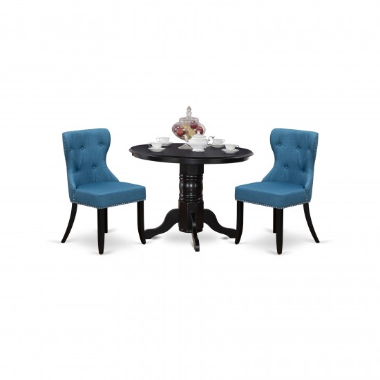 A Dining Set Of 2 Parson Chairs, Mineral Blue Color, 42" Antique Pedestal Table Using Black Color