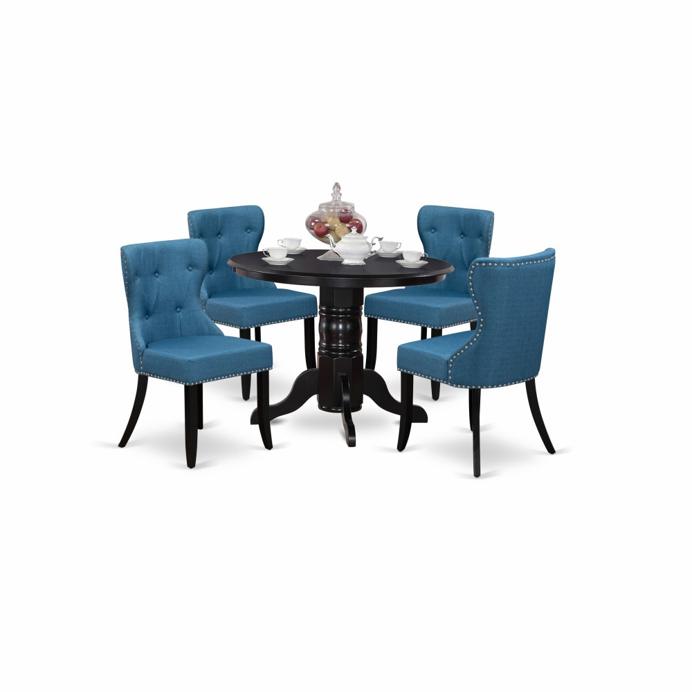 A Dining Set Of 4 Chairs, Mineral Blue Color, 42" Round Table Using Black Color