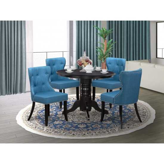 A Dining Set Of 4 Chairs, Mineral Blue Color, 42" Round Table Using Black Color