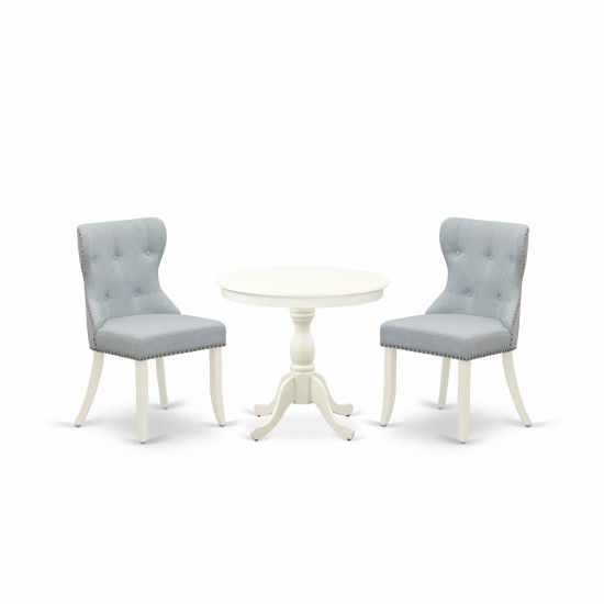 3Pc Dining Set, 1 Pedestal Table, 2 Baby Blue Chairs Back, Nail Heads, Linen White Finish