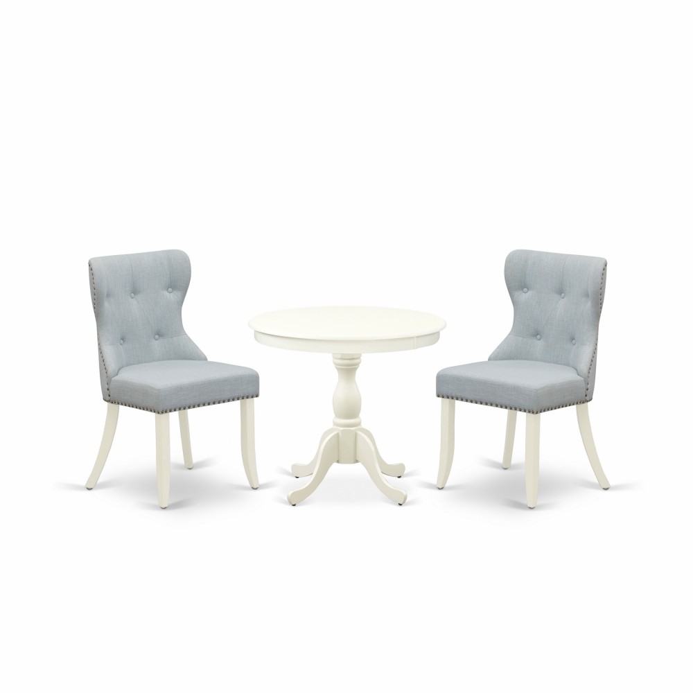 3Pc Dining Set, 1 Pedestal Table, 2 Baby Blue Chairs Back, Nail Heads, Linen White Finish 3Pc Dining Set, 1 Pedestal Table, 2 Baby Blue Chairs Back, Nail Heads, Linen White Finish