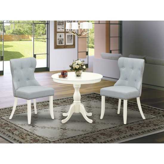 3Pc Dining Set, 1 Pedestal Table, 2 Baby Blue Chairs Back, Nail Heads, Linen White Finish