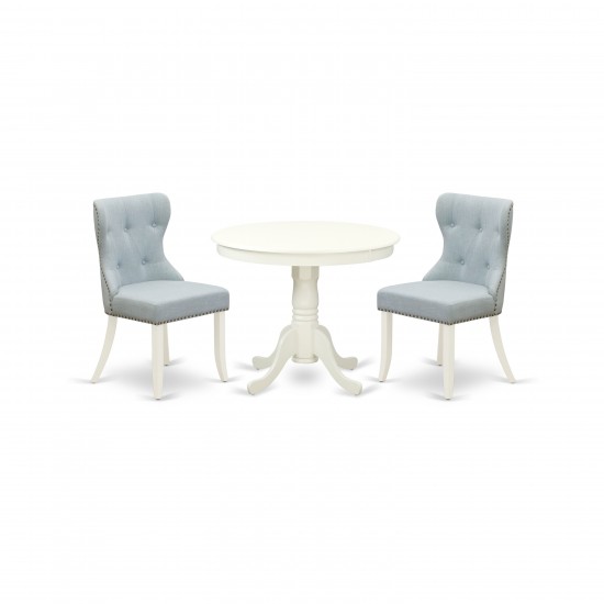 A Dining Set Of 2 Indoor Dining Chairs, Baby Blue Color, Gorgeous 36-Inch Antique Table, Linen White Color