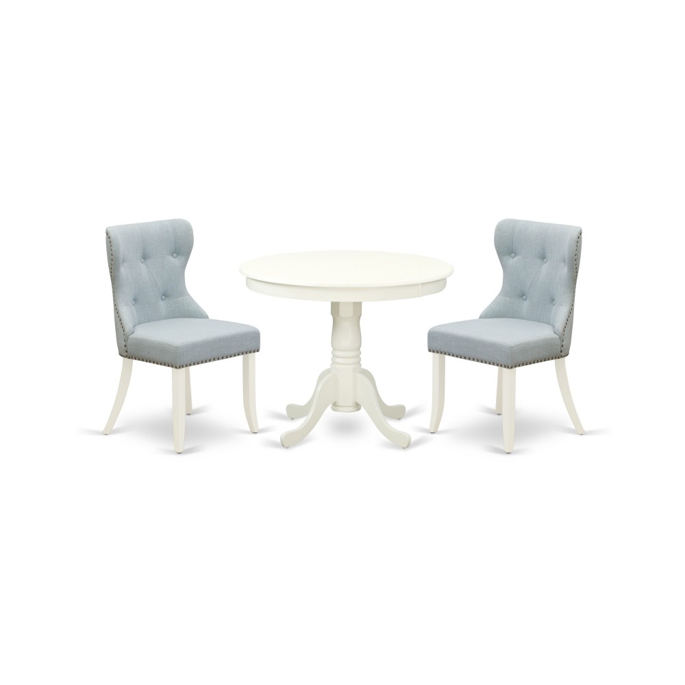 A Dining Set Of 2 Indoor Dining Chairs, Baby Blue Color, Gorgeous 36-Inch Antique Table, Linen White Color