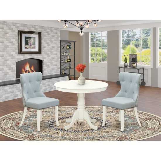 A Dining Set Of 2 Indoor Dining Chairs, Baby Blue Color, Gorgeous 36-Inch Antique Table, Linen White Color