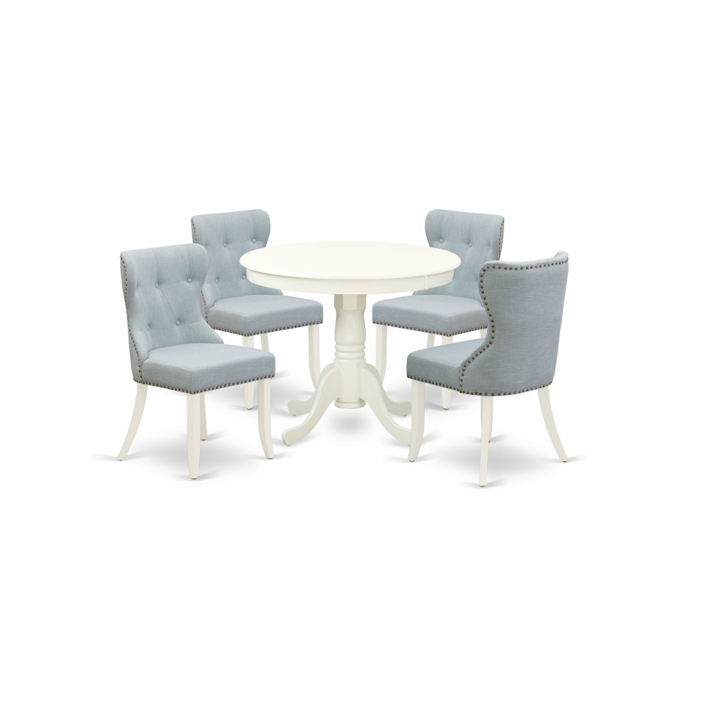 A Dining Set Of 4 Wonderful Indoor Chairs, Baby Blue Color, 36" Round Table, Linen White Color