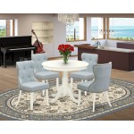 A Dining Set Of 4 Wonderful Indoor Chairs, Baby Blue Color, 36" Round Table, Linen White Color