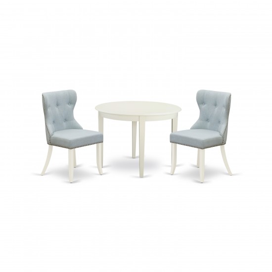 A Kitchen Set Of 2 Wonderful Kitchen Chairs, Baby Blue Color, Lovely Dinner Table, Linen White Color