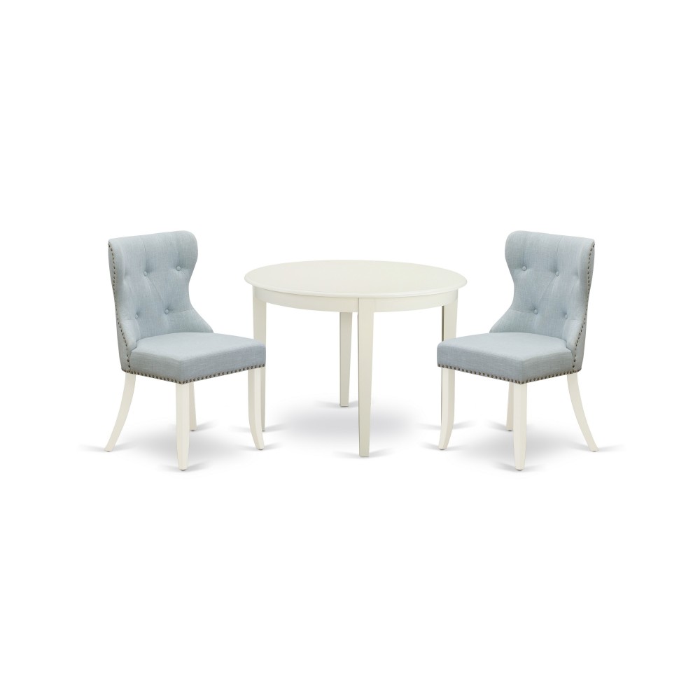 A Kitchen Set Of 2 Wonderful Kitchen Chairs, Baby Blue Color, Lovely Dinner Table, Linen White Color