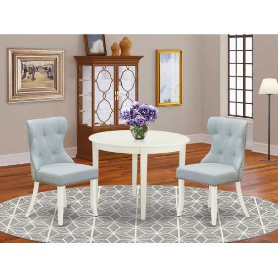 A Kitchen Set Of 2 Wonderful Kitchen Chairs, Baby Blue Color, Lovely Dinner Table, Linen White Color