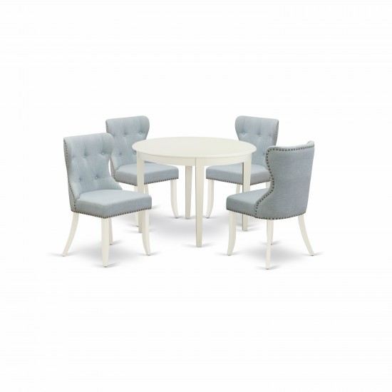 A Wooden Dining Set Of 4 Wonderful Chairs, Baby Blue Color, Wooden Table, Linen White Color