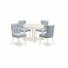 A Wooden Dining Set Of 4 Wonderful Chairs, Baby Blue Color, Wooden Table, Linen White Color