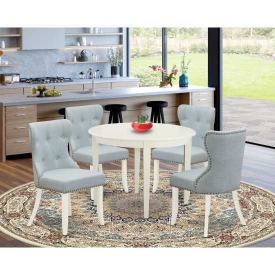 A Wooden Dining Set Of 4 Wonderful Chairs, Baby Blue Color, Wooden Table, Linen White Color