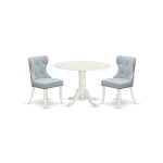 A Dining Set Of Two Chairs, Baby Blue Color, Wood Table, Linen White Color