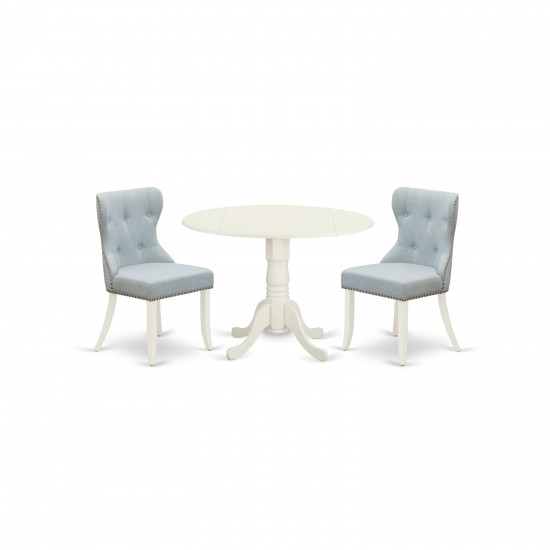 A Dining Set Of Two Chairs, Baby Blue Color, Wood Table, Linen White Color