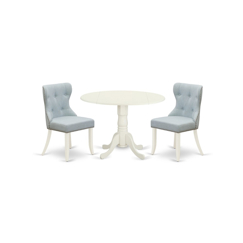 A Dining Set Of Two Chairs, Baby Blue Color, Wood Table, Linen White Color