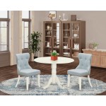 A Dining Set Of Two Chairs, Baby Blue Color, Wood Table, Linen White Color