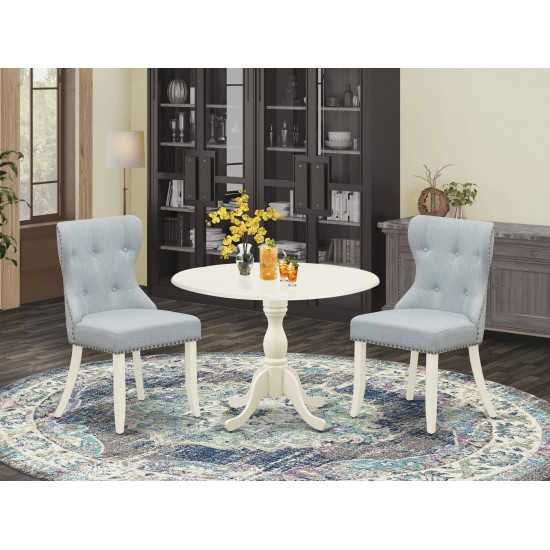 3Pc Kitchen Set, 1 Drop Leaves Table, 2 Baby Blue Parson Chairs Back, Nail Heads, Linen White Finish