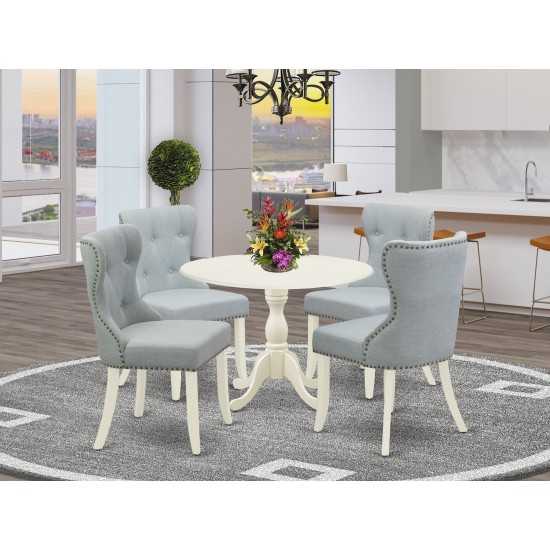 5Pc Dining Set, 1 Drop Leaves Dining Table, 4 Baby Blue Parson Chairs Back, Nail Heads, Linen White Finish