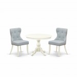 3 Pc Set, Linen White Small Kitchen Table, 2 Baby Blue Dining Chairs Button Tufted Back, Nail Heads, Linen White Finish