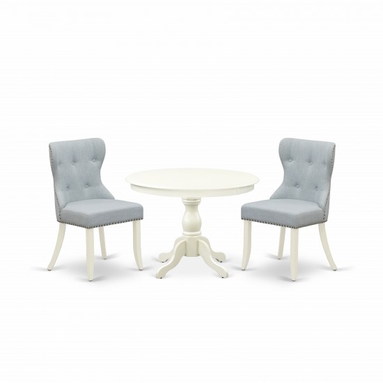 3 Pc Set, Linen White Small Kitchen Table, 2 Baby Blue Dining Chairs Button Tufted Back, Nail Heads, Linen White Finish