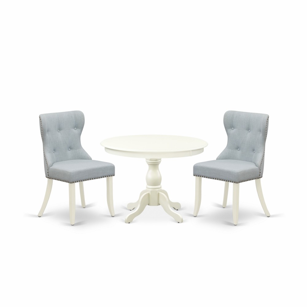 3 Pc Set, Linen White Small Kitchen Table, 2 Baby Blue Dining Chairs Button Tufted Back, Nail Heads, Linen White Finish