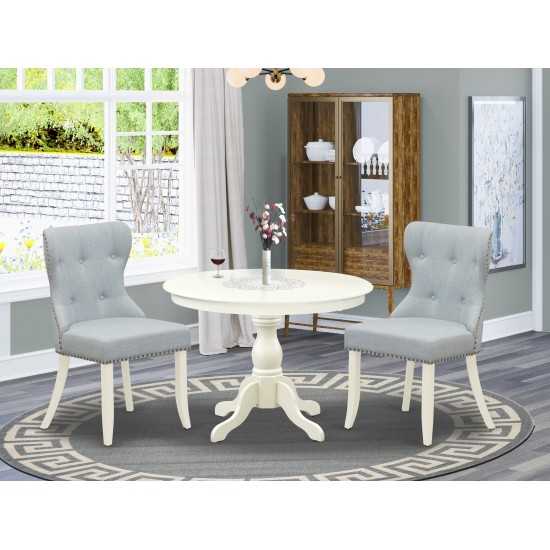 3 Pc Set, Linen White Small Kitchen Table, 2 Baby Blue Dining Chairs Button Tufted Back, Nail Heads, Linen White Finish