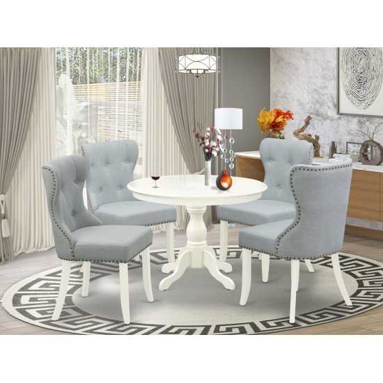 5Pc Dining Set, Linen White Table, 4 Baby Blue Chairs Back, Nail Heads, Linen White Finish