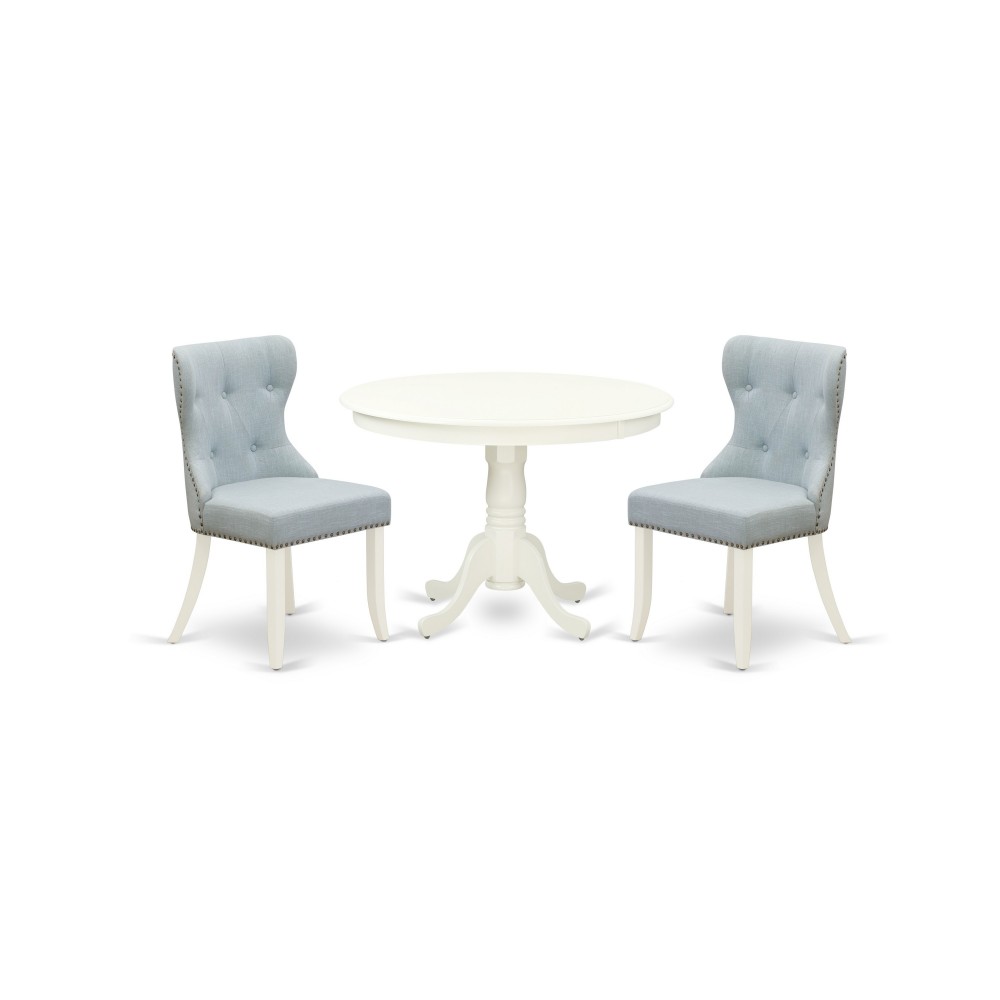 A Dining Set Of Two Parson Chairs, Baby Blue Color, 42" Antique Pedestal Table, Linen White Color
