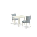 A Dining Set Of Two Parson Chairs, Baby Blue Color, Gorgeous Drop Leaf Rectangle Table, Linen White Color