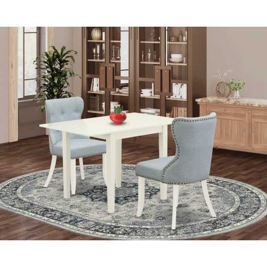 A Dining Set Of Two Parson Chairs, Baby Blue Color, Gorgeous Drop Leaf Rectangle Table, Linen White Color