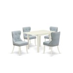 A Wooden Dining Set Of 4 Amazing Chairs, Baby Blue Color, Lovely Table, Linen White Color