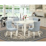 A Wooden Dining Set Of 4 Amazing Chairs, Baby Blue Color, Lovely Table, Linen White Color