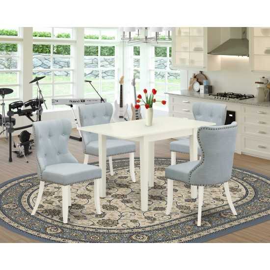 A Wooden Dining Set Of 4 Amazing Chairs, Baby Blue Color, Lovely Table, Linen White Color